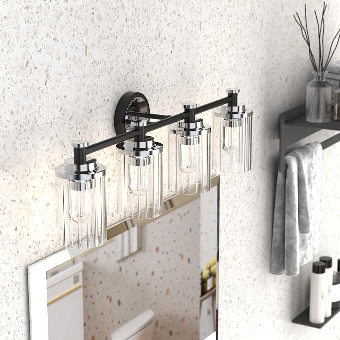 Bathroom Lighting Fixtures Black and Chrome Bathroom Vanity Light with Cylindrical Clear Stripes Glass Lampshade E26 Socket Base Bathroom Lighting Fixtures Over Mirror (4 Lights)
