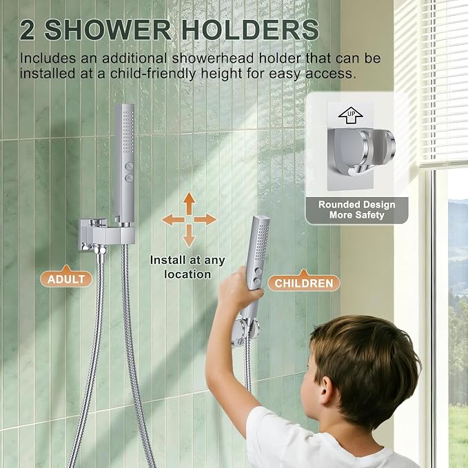 Rain Shower System with Rough-in Valve, Wall Mount Shower Faucet Set with 12" & 6" Dual Rain Shower Heads, 2-in-1 Handheld Shower, Tub Spout, 4-Function Complete Shower Fixture, Chrome