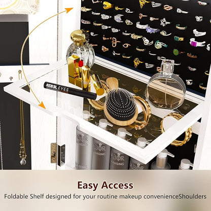 61" LED Mirror Jewelry Cabinet, 360° Rotating Jewelry Armoire with Full Length Mirror, Lockable Standing Jewelry Organizer with 2 Drawers, Interior Makeup Mirror, White