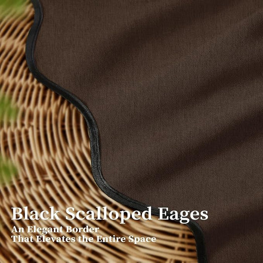 BTTN 48x72 Boho Scalloped Linen Textured Cloth Shower Curtain Set, Brown | Stall Size, 230GSM Waterproof Polyester, Heavy Duty Fabric, 8 Plastic Hooks, Elegant Modern Farmhouse Style, Machine Washable