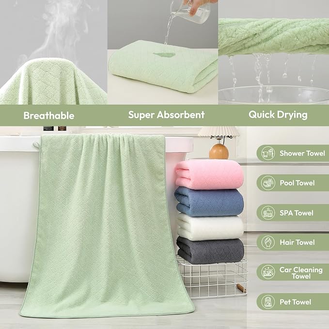 JML Microfiber Bath Towels, 2 Pack, 27x55 in, Light Green | Soft, Super Absorbent, Quick Dry, Lint-Free, Lightweight Bathroom Towel with Hanging Loop for Daily Use