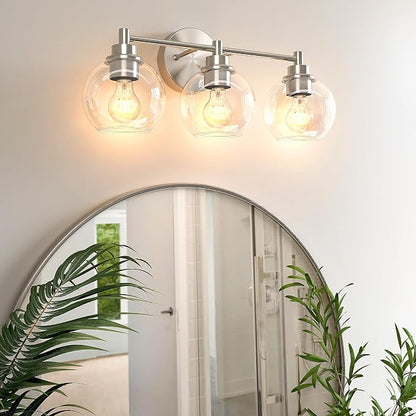 VONLUCE 3 Light Bathroom Vanity Light Fixtures, Brushed Nickel Finish | Globe Glass Shades, E26 Sockets, Easy to install, ETL Certificated, Vanity Lights for Bedroom Hallway Living Room