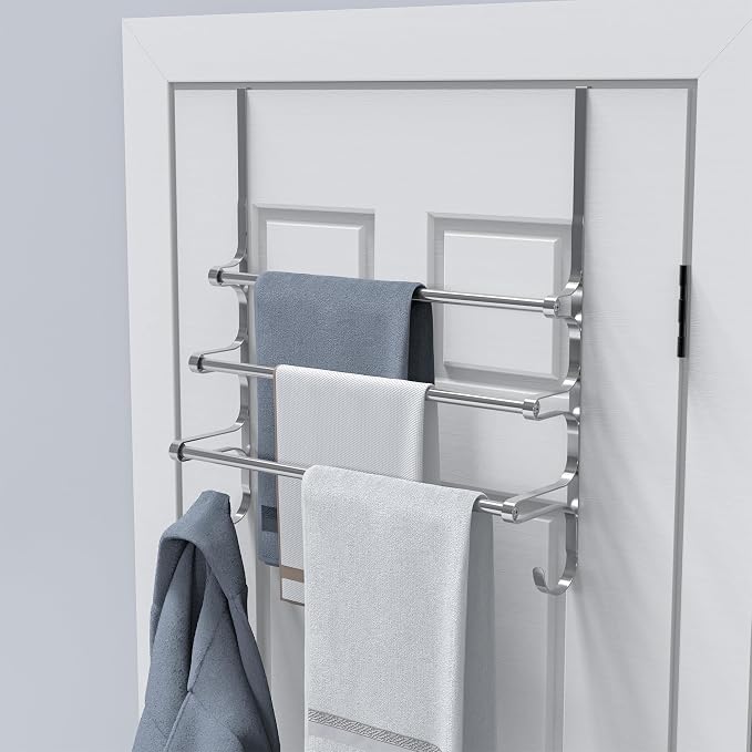 CANYAVE Over The Door Towel Rack, Extendable Triple Towel Storage Holder with Hooks, 24.02 Inches Towel Bar Hanger Towel Racks for Bathroom (Silver)