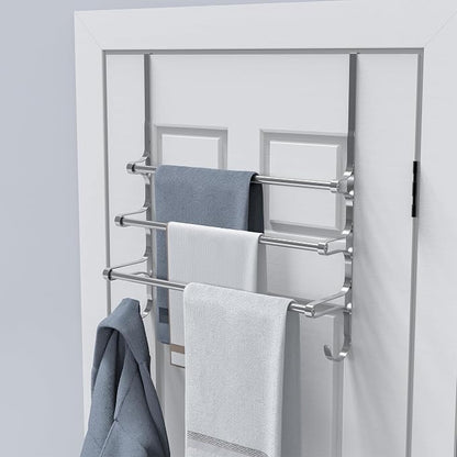 CANYAVE Over The Door Towel Rack, Extendable Triple Towel Storage Holder with Hooks, 24.02 Inches Towel Bar Hanger Towel Racks for Bathroom (Silver)
