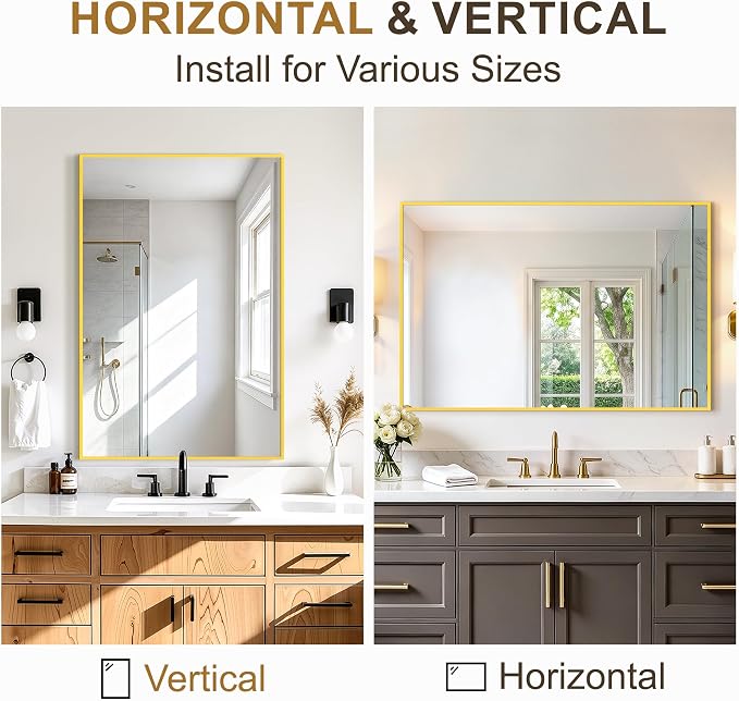 Rectangular Bathroom Mirror, 36"x24" Gold Metal Framed Vanity Mirror | HD Shatterproof Wall Mirror, Horizontal or Vertical Hanging, Easy Installation for Bathroom, Bedroom, Living Room, Entryway