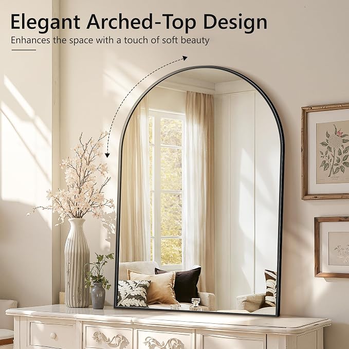 Arched Bathroom Mirror for Wall, 55" x 35" Metal Frame Vanity Mirror, Black | Aluminium Alloy Frame, HD Shatterproof Glass, Hanging or Leaning, for Bathroom Over Sink , Entryway, Bedroom, Living Room