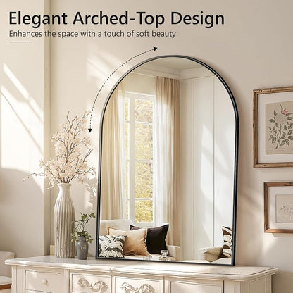 Arched Bathroom Mirror for Wall, 55" x 35" Metal Frame Vanity Mirror, Black | Aluminium Alloy Frame, HD Shatterproof Glass, Hanging or Leaning, for Bathroom Over Sink , Entryway, Bedroom, Living Room