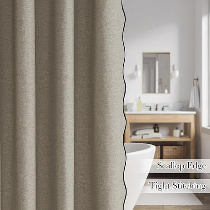KGORGE Scalloped Shower Curtain with 12 Metal Hooks for Bathroom, Waterproof Privacy Linen Heavy Duty Cute Washable Shower Curtain Set for Bathtub Hotel Decor, Khaki, 72 x 72 inches