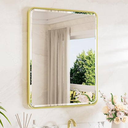 Brushed Gold Bathroom Mirror 24 x 30 Beveled Edge Tempered Glass, Rounded Corner Rectangle Bathroom Mirror for Over Sink for Modern Bathroom, Living Room, Bedroom, Entryway