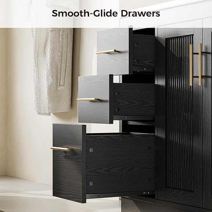 IRONCK 36 Inch Bathroom Vanity with Sink, Modern Black Bathroom Cabinet with Soft Closing Doors, 3 Drawers, Adjustable Shelf & Toilet Paper Holder