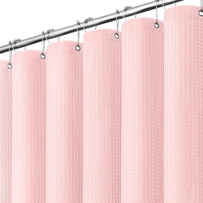 Stall Waffle Shower Curtain 256 GSM Heavy Fabric 48x72 Pink | 48 Inch Wide, Thick Cloth, Weighted Hem, Water Repellent, Hotel Luxury Polyester Shower Curtain Set for Bathroom 8 Hooks
