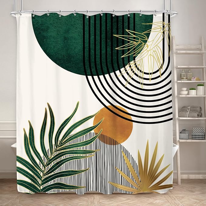 KOMLLEX Mid Century Green Boho Abstract Modern Bathroom Shower Curtain Set | 72Wx84L Plant Botanical design, waterproof HD print with fast-drying fabric and 12 hooks.
