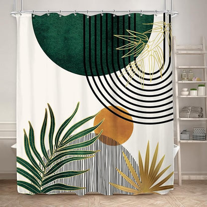 KOMLLEX Mid Century Green Boho Abstract Modern Bathroom Shower Curtain Set | 72Wx84L Plant Botanical design, waterproof HD print with fast-drying fabric and 12 hooks.