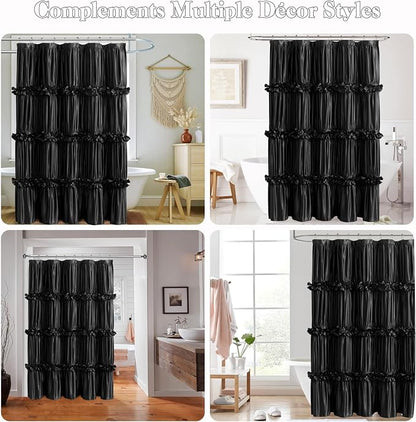 Black Ruffle Shower Curtain 60" W x 72" L Stall Size | Vintage Handcrafted Bow Tie, Ruched Satin Bathroom Curtain with 10 Buttonholes, Machine Washable and Dry Quickly (LQ-10)