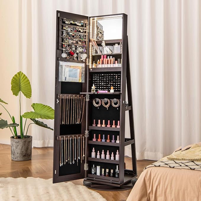 CHARMAID 360° Swivel Jewelry Armoire with Full Length Mirror, Rear Storage Shelves, Lockable Standing Jewelry Cabinet Organizer with Interior Vanity Mirror and 3-Color Lights (Espresso)