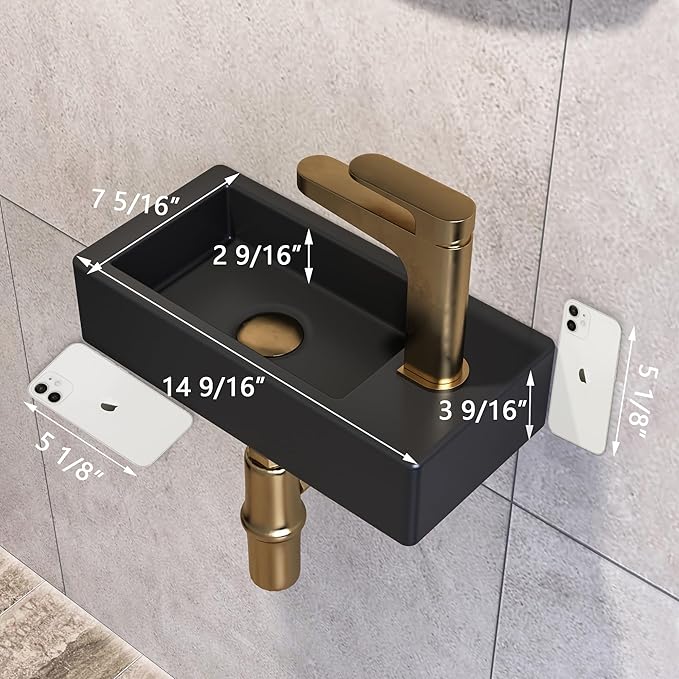 DeerValley Small Bathroom Sink, 15"x7" Mini Rectangle Wall Mount Vessel Sink for Bathroom Powder Room Cloakroom, Floating Space Saving Design, Easy to Clean Matte Black Ceramic Wash Basin (Right Hand)