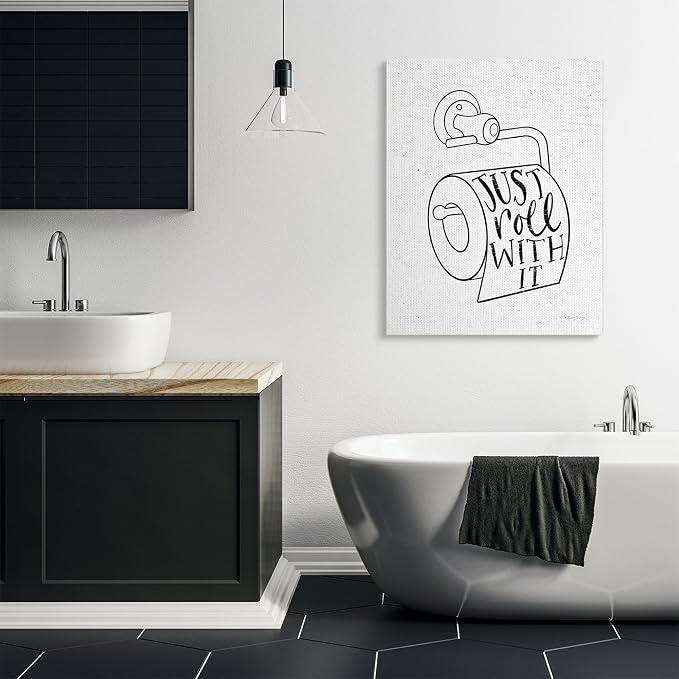 Bathroom Humor Comic Phrase, 36 x 48 Inch Canvas Wall Art | Stupell Industries · By Becky Thorns · Ready to hang · Fun gift for bath and laundry spaces · Made in USA