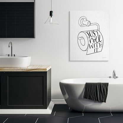 Bathroom Humor Comic Phrase, 36 x 48 Inch Canvas Wall Art | Stupell Industries · By Becky Thorns · Ready to hang · Fun gift for bath and laundry spaces · Made in USA