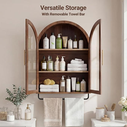 Seang Bathroom Arched Wall Cabinet,23.6" Modern Medicine Cabinet with Towel Bar and Adjustable Shelf,Over The Toilet Wall Storage Cabinet for Laundry Room,Living Room,Kitchen,Walnut