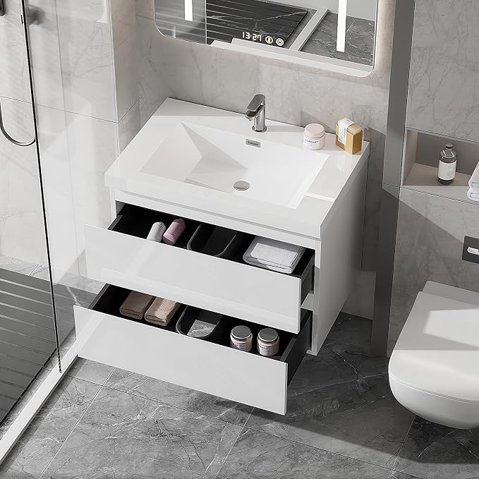30 Inch Floating Bathroom Vanity with Sink, Large Storage Wall Mounted Floating Vanity with Soft Close Drawers, One-Piece Basin Bathroom Sink Cabinet (Glossy White, 30 Inch)