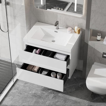 30 Inch Floating Bathroom Vanity with Sink, Large Storage Wall Mounted Floating Vanity with Soft Close Drawers, One-Piece Basin Bathroom Sink Cabinet (Glossy White, 30 Inch)