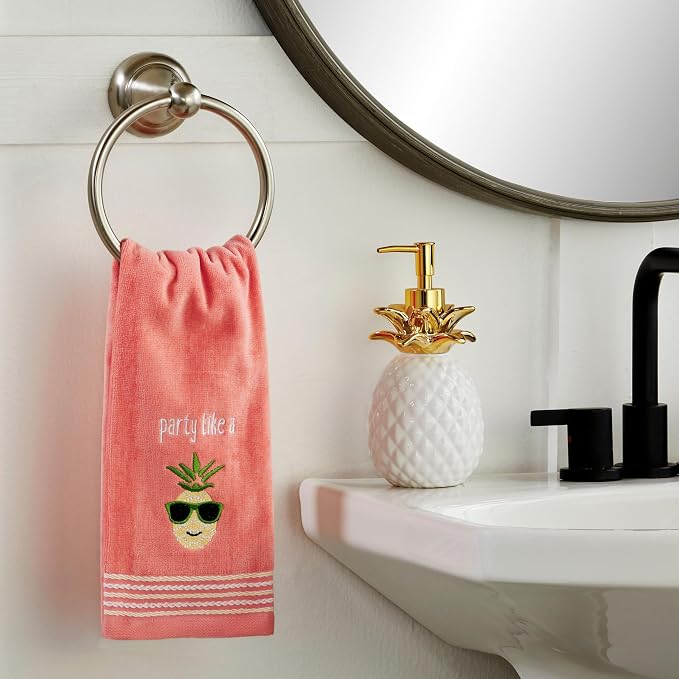 SKL HOME by Saturday Knight Ltd. Party Pineapple 2 Pc Hand Towel Set, Coral Pink | Decorative velour for summer fun & everyday décor. Can be used in the bathroom, kitchen, bar, or any sink space.