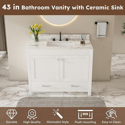 Montary 42" Bathroom Vanity with 43" Sintered Stone Carrara White Top, Modern Stylish MDF Bathroom Storage Cabinet, Vanity Set with 2 Doors and One Large Divided Drawer, White (Three Holes)