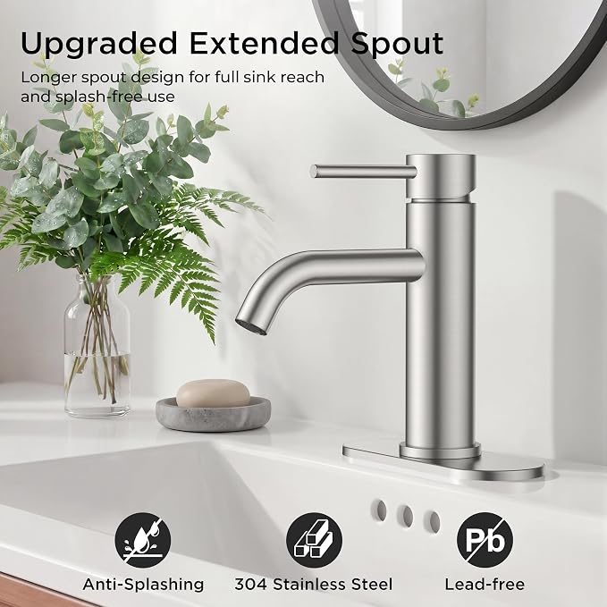 FORIOUS Bathroom Faucet 1 Hole, Single Handle Sink Faucets Brushed Nickel | for 1 or 3 Hole 4 Inch Centerset Sink, with Pop-up Drain, NSF61 Certified, for Vanity Rv Commercial Lavatory Restroom Basin