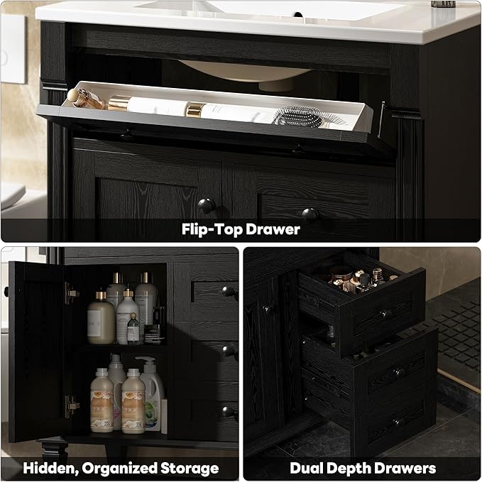 LIKIMIO 30 Inch Bathroom Vanity with Sink, Towel Holder & Adjustable Solid Wood Legs for Uneven Floor, Modern Bathroom Storage Cabinet with Tip-Out Drawer, 2 Drawers & Adjustable Shelf, Black