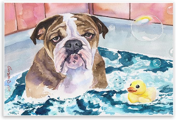 Stupell Industries 'English Bulldog In Bathtub Rubber Duck Bubbles', Wall Plaque Art, 15 x 10 Inches, Easy to Hang and Sturdy, Made in USA, by George Dyachenko