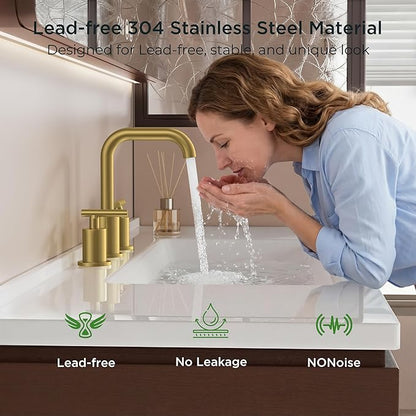 FORIOUS Bathroom Faucet 3 Hole Brushed Gold, 2 Handles 8 Inch Widespread Bathroom Sink Faucets, 360° Swivel Spout, with Pop Up Drain and Hoses, for Vanity Restroom RV Lavatory