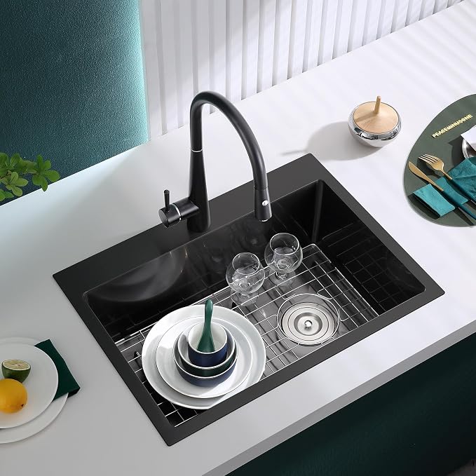 Black Topmount Kitchen Sink - 26”×18” Single Bowl Sink, Sink Grid