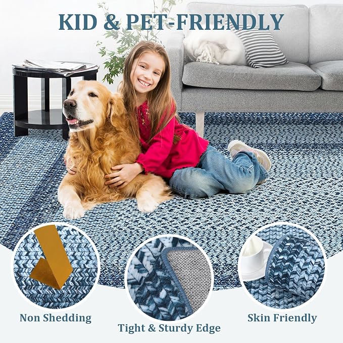 Washable Area Rugs 9x12 Living Room Modern Rugs for Bedroom Blue Rug Imitation Braided Soft Large Area Rug Non Slip Throw Rugs Stain Resistant Carpet for Nursery Dining Room 9'x12' Blue