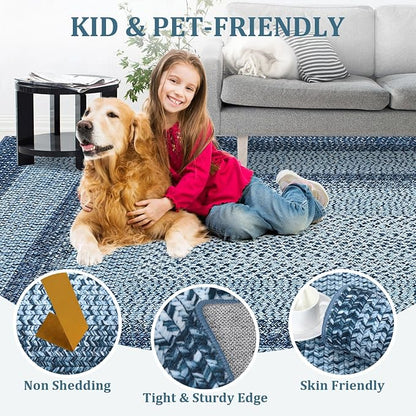 Washable Area Rugs 9x12 Living Room Modern Rugs for Bedroom Blue Rug Imitation Braided Soft Large Area Rug Non Slip Throw Rugs Stain Resistant Carpet for Nursery Dining Room 9'x12' Blue