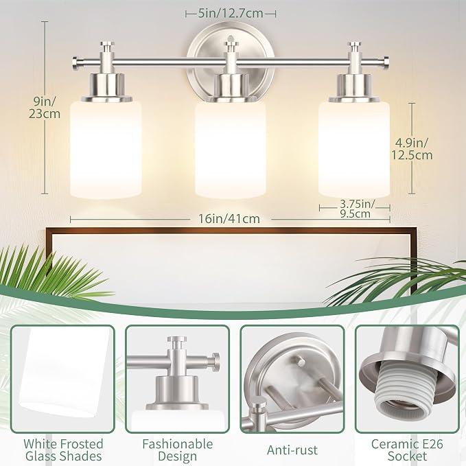 3-Light Brushed Nickel Bathroom Vanity Light Fixture, Compact Vanity Light