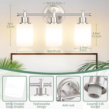 3-Light Brushed Nickel Bathroom Vanity Light Fixture, Compact Vanity Light