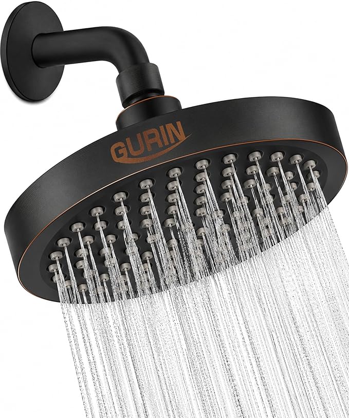 GURIN Shower Head - Luxury Oil Rubbed Black Finish - Rain Showerhead 6 Inch | High Pressure Shower Heads with Adjustable Angles, 90 Anti-Clog Nozzles, Tool-Free 1-Min Install