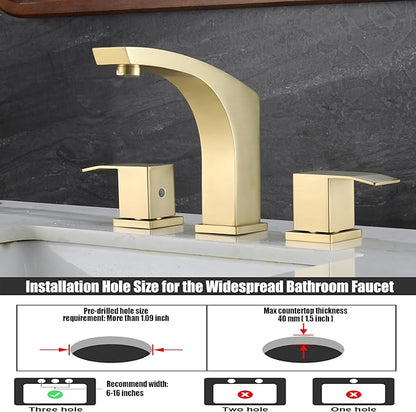 Brushed Gold Bathroom Faucet, Gold 3 Hole Widespread Bathroom Sink Faucet with Pop Up Drain and cUPC Supply Hose, 2 Handle 8 inch Brass Wide Spread Vanity Faucet, Restroom Basin Taps WI37151BG