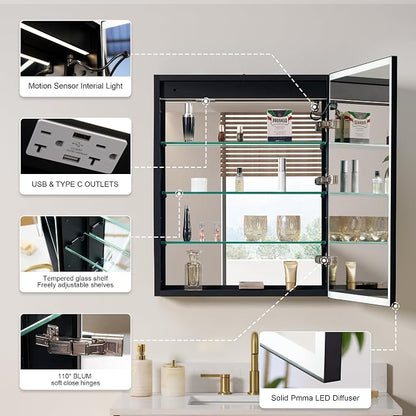 24" X 30" LED Mirrored Medicine Cabinet, Medicine Cabinets with Lights for Bathroom, Defogging Mirror, Led Medicine Cabinet, Recessed or Surface Mounted, Single Right Opening Door