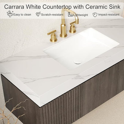 48" Floating Bathroom Vanity with Sink, Plywood Storage Vanities with Drawer and 2 Doors, Carrara White Sintered Stone Top and 3 Pre-drilled Faucet Holes Ceramic Basin, Pre-Assembled Cabinet, Espresso