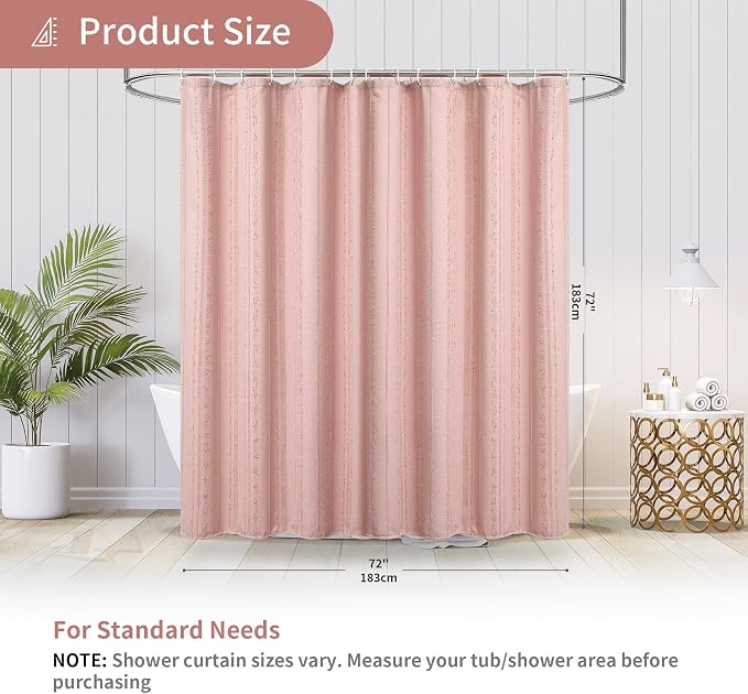 Pink Shower Curtain Boho, Cotton Blend Waffle Shower Curtain Textured, Fabric Shower Curtains for Bathroom, Washable 72 x 72
