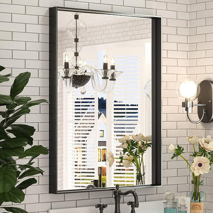 Keonjinn 22x30 Inch Black Bathroom Mirror for Over Sink,HD Tempered Glass | Rectangular, Vanity Mirror, Brushed Framed, Square Corner, Modern Farmhouse, Wall Mounted Mirrors, Aluminum Alloy