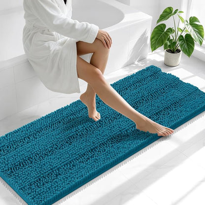Smiry Thick Chenille Bathroom Runner Rugs 47x20, Bath Mat, Peacock Blue | Quick‑Dry & Machine Washable, Non‑Slip Bath Carpet, Soft Striped Bath Rugs for Tub & Shower, Modern Home Decor Accessories