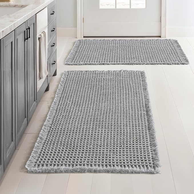 MIULEE Set of 2 Waffle Bathroom Rugs Boho Bath Mat Light Grey 18x30 Inch | Non Slip, Super Absorbent, Washable, Ultra Soft, Rubber Backed Bath Rugs for Bathroom Floor Tub Shower