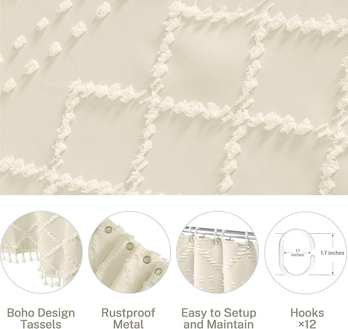 Cream Boho Woven Fabric Shower Curtain, 72 x 72 Tufted Chevron Textured Striped Modern Farmhouse Minimalist Cloth Curtain for Bathroom