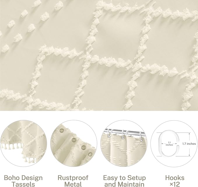 Siiluminisoy Cream Boho Woven Fabric Shower Curtain, 72 x 72 Tufted Chevron Textured Striped Modern Farmhouse Minimalist Cloth Curtain for Bathroom