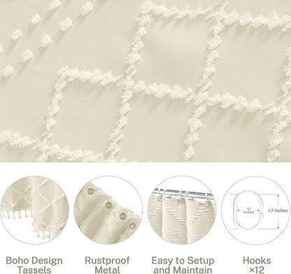 Extra Long Cream Boho Shower Curtain - Woven Fabric, 72 x 84 Tufted Chevron Textured Striped Modern Farmhouse Minimalist Cloth Curtain for Bathroom