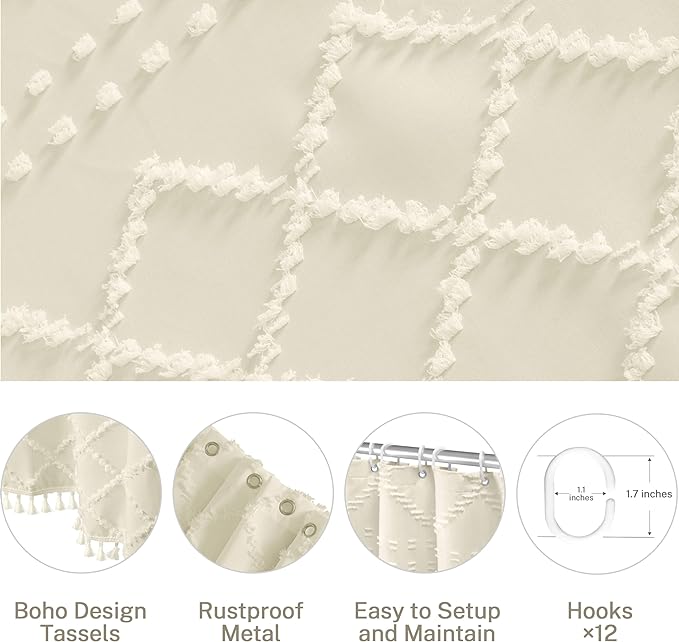 Siiluminisoy Extra Long Cream Boho Shower Curtain, 72 x 78 Tufted Chevron Textured Striped Modern Farmhouse Minimalist Woven Fabric for Bathroom