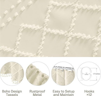 Siiluminisoy Extra Long Cream Boho Shower Curtain, 72 x 78 Tufted Chevron Textured Striped Modern Farmhouse Minimalist Woven Fabric for Bathroom