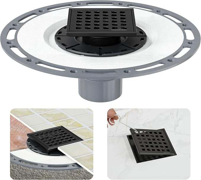 Neodrain 4" Low Profile Square Shower Drain Kit, Matte Black | 304 Stainless Steel, Removable Grate/Drainage Key, PVC Bonding Flange Base with Fabric, For Low Profile Shower Pan